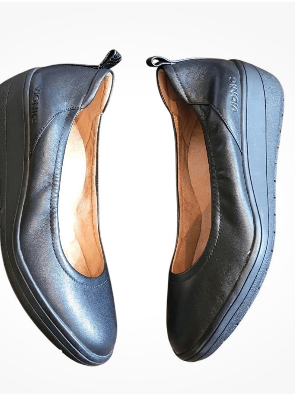 New Vionic Ellery Jacey Wonens Black Leather wedges comfort slip on